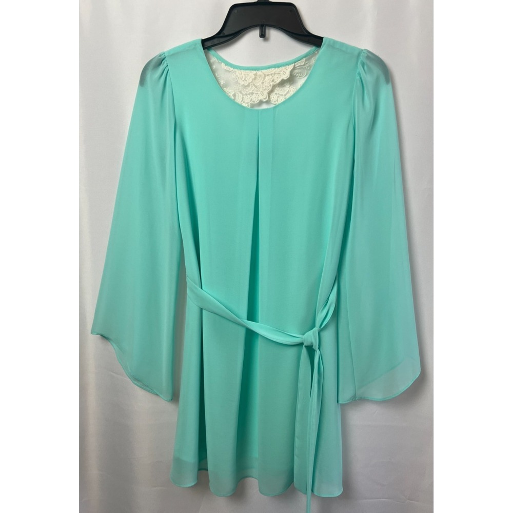 Girl's Sz 14 Belted Shift Dress Feminine Flowing w/Lace Back & Sheer Sleeves